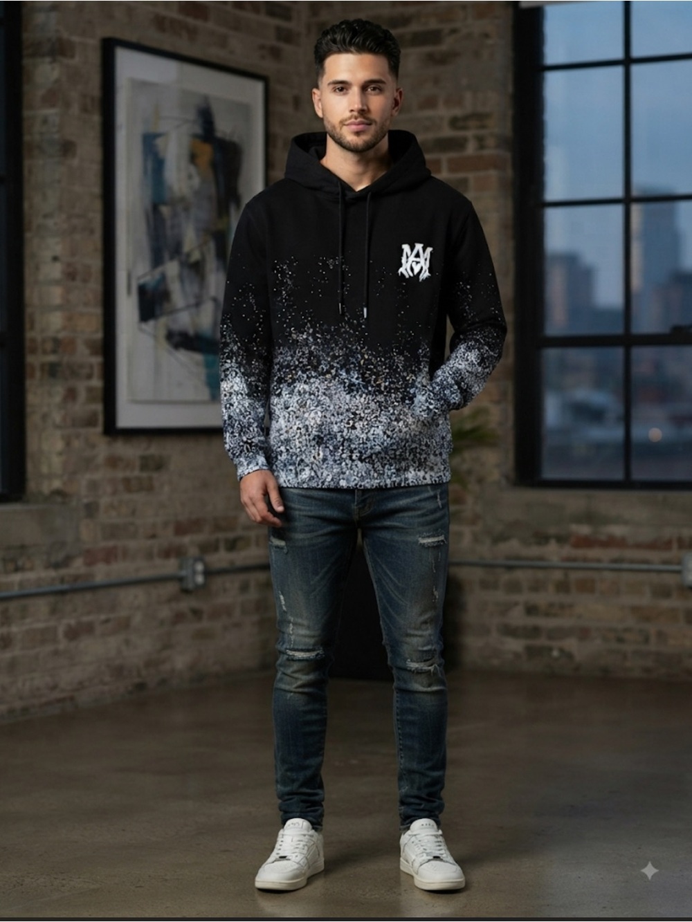 AMIRI Black and White Speckle Gradient Hoodie - Men's Pullover